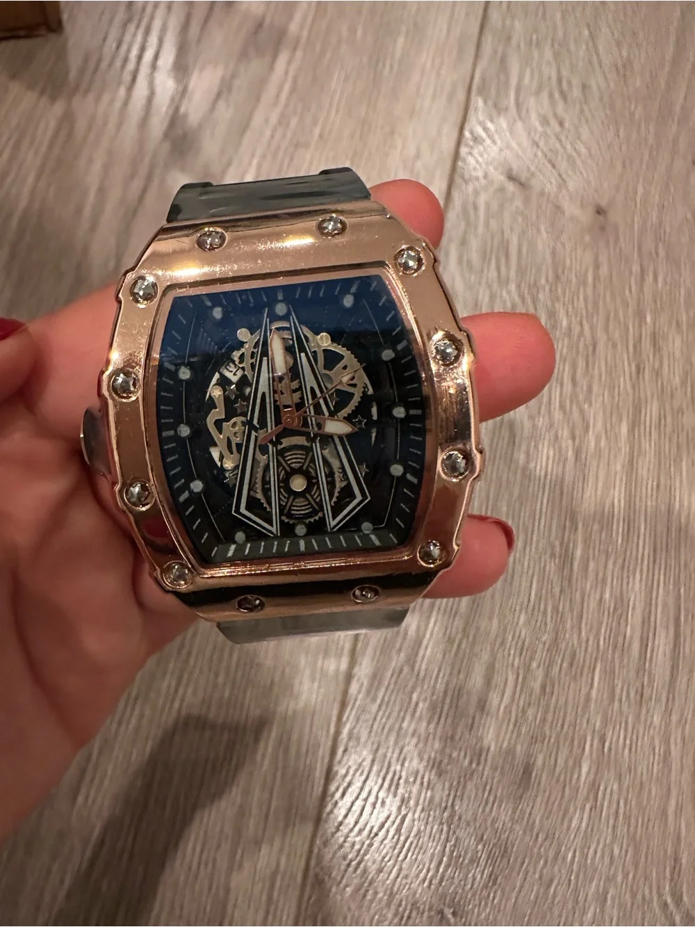 Gold-Tone Men's Skeleton Dial Watch with Black Strap